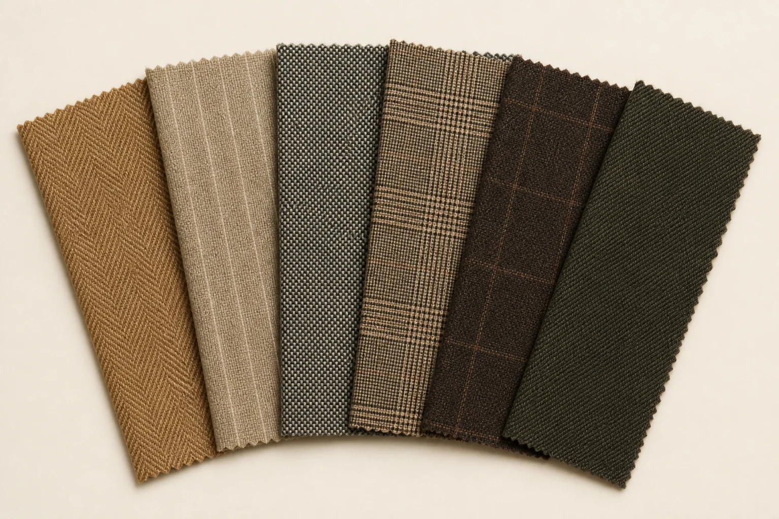 Sechs fächerförmig angeordnete Stoffmuster in Camel, Sand, Grau, Braun und Oliv
